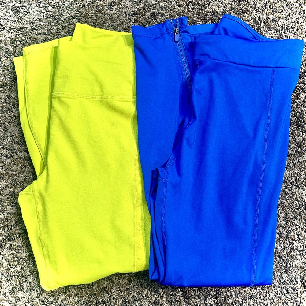 Fabletics Neon Yellow and Royal Blue Leggings w/ Ankle Zippers